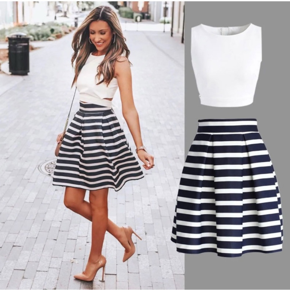 Elegant Navy and White Striped Skater Skirt with white top
